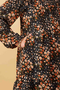 GY6338 Black Girls Floral Print Ruffle Shoulder Long Sleeve Dress Detail