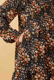 GY6338 Black Girls Floral Print Ruffle Shoulder Long Sleeve Dress Detail