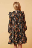 GY6338 Black Girls Floral Print Ruffle Shoulder Long Sleeve Dress Back