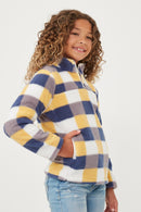 GY6340 Blue Girls Zip Up Mock Neck Plaid Fleece Top Side