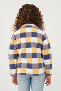 GY6340 Blue Girls Zip Up Mock Neck Plaid Fleece Top Back