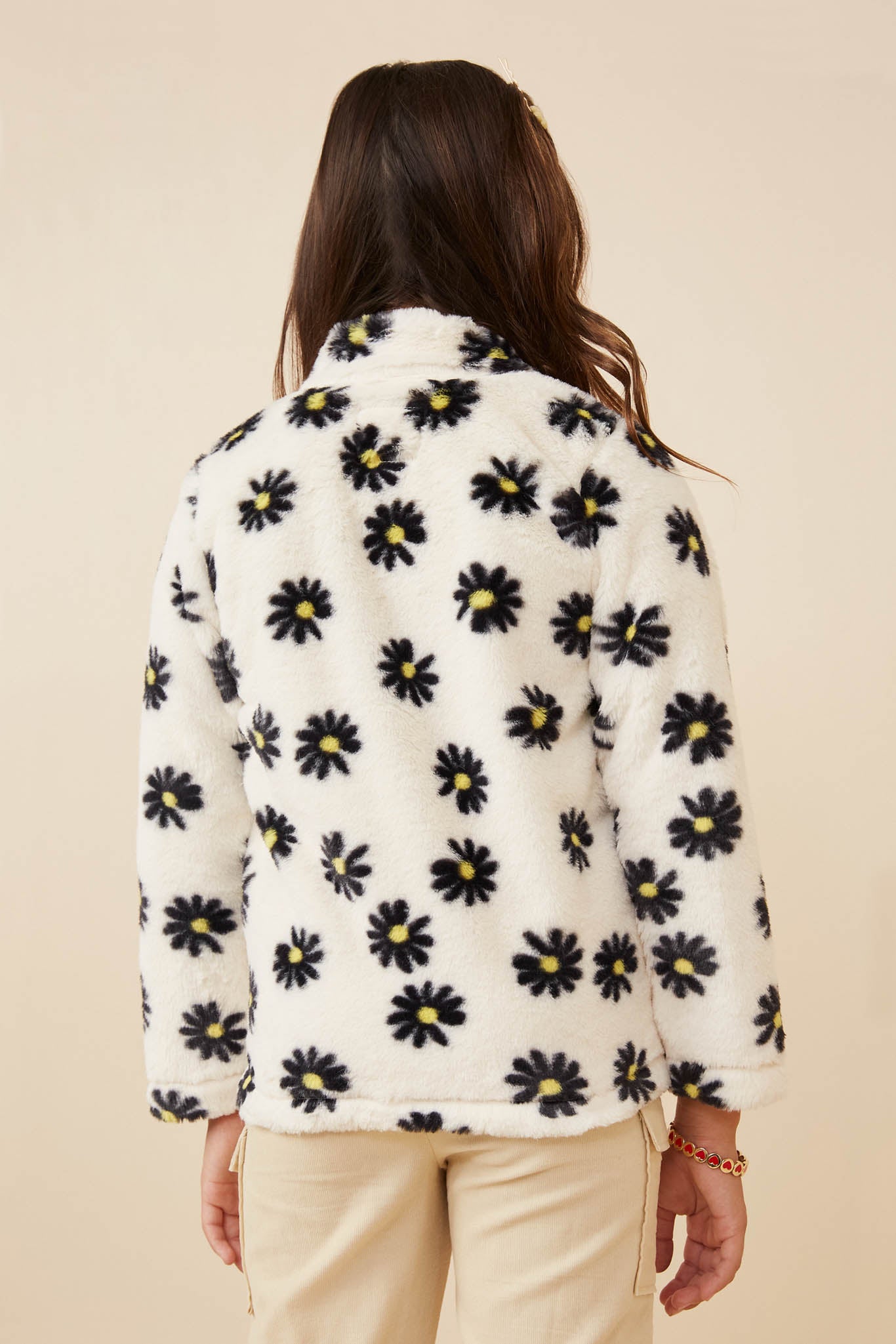 GY6341 Ivory Girls Floral Print Mock Neck Fleece Jacket Back