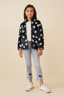GY6341 Navy Girls Floral Print Mock Neck Fleece Jacket Full Body