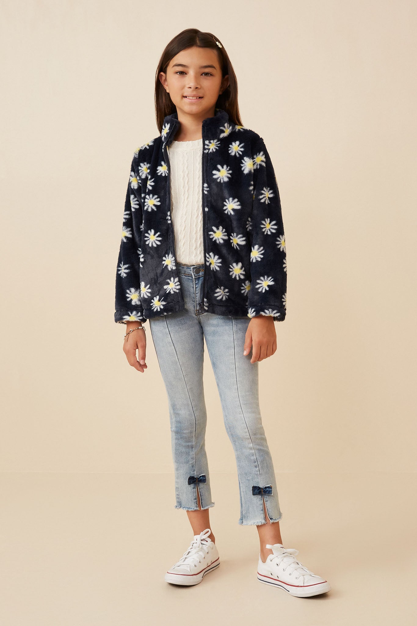GY6341 Navy Girls Floral Print Mock Neck Fleece Jacket Full Body