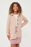 GY6356 Mauve Girls Houndstooth Patch Pocket Buttoned Soft Coat Front
