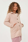 GY6356 Mauve Girls Houndstooth Patch Pocket Buttoned Soft Coat Side