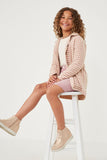 GY6356 Mauve Girls Houndstooth Patch Pocket Buttoned Soft Coat Pose