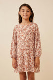 GY6360 Taupe Girls Antique Floral Print Drop Waist Knit Dress Front