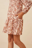 GY6360 Taupe Girls Antique Floral Print Drop Waist Knit Dress Detail