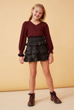 GY6367 Black Girls Shimmery Ruffle Tiered Smocked Waist Skirt Full Body