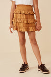 GY6367 Camel Girls Shimmery Ruffle Tiered Smocked Waist Skirt Front