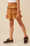 GY6367 Camel Girls Shimmery Ruffle Tiered Smocked Waist Skirt Side