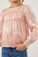 GY6372 BLUSH Girls Iridescent Ruffled Smock Cuff Top Front
