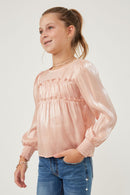 GY6372 BLUSH Girls Iridescent Ruffled Smock Cuff Top Side