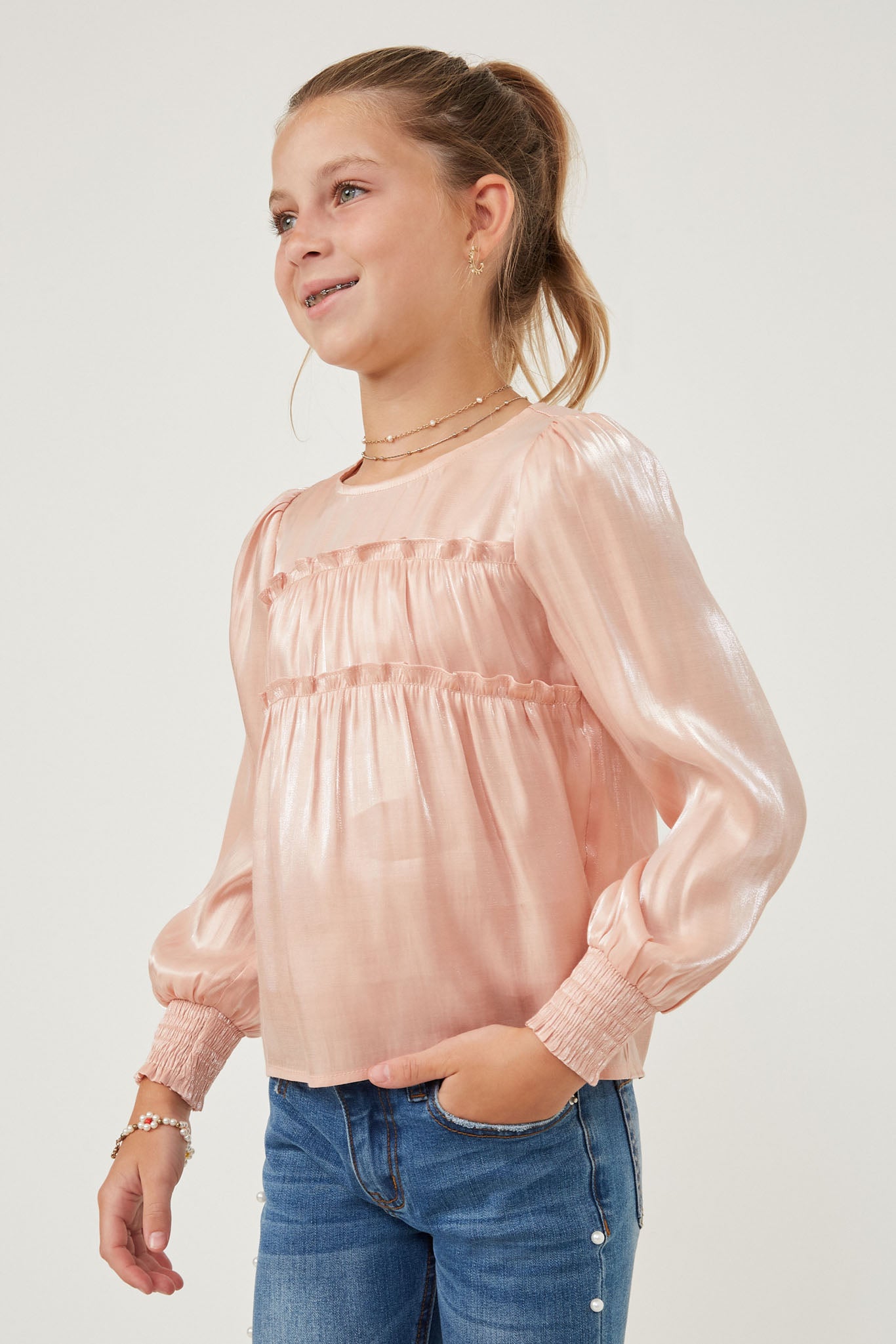 GY6372 BLUSH Girls Iridescent Ruffled Smock Cuff Top Side