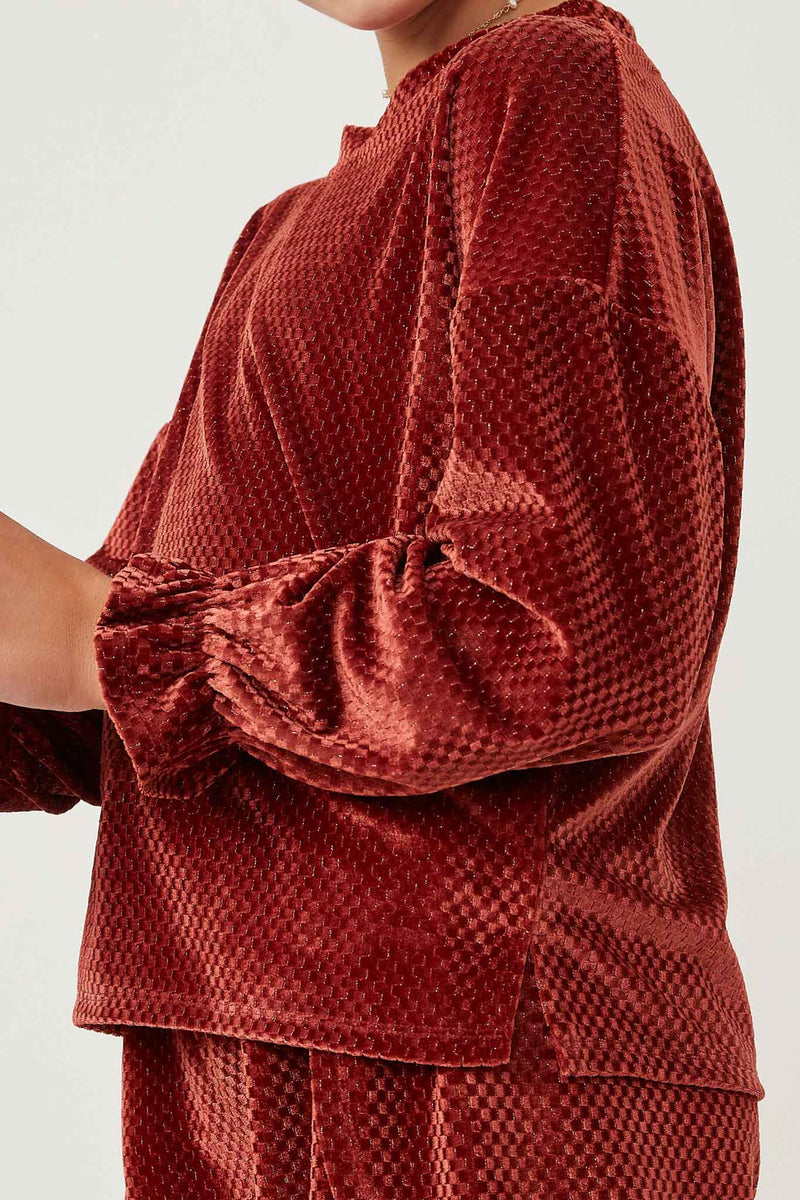 GY6376 RUST Girls Textured Velvet Cinch Sleeve Top Side