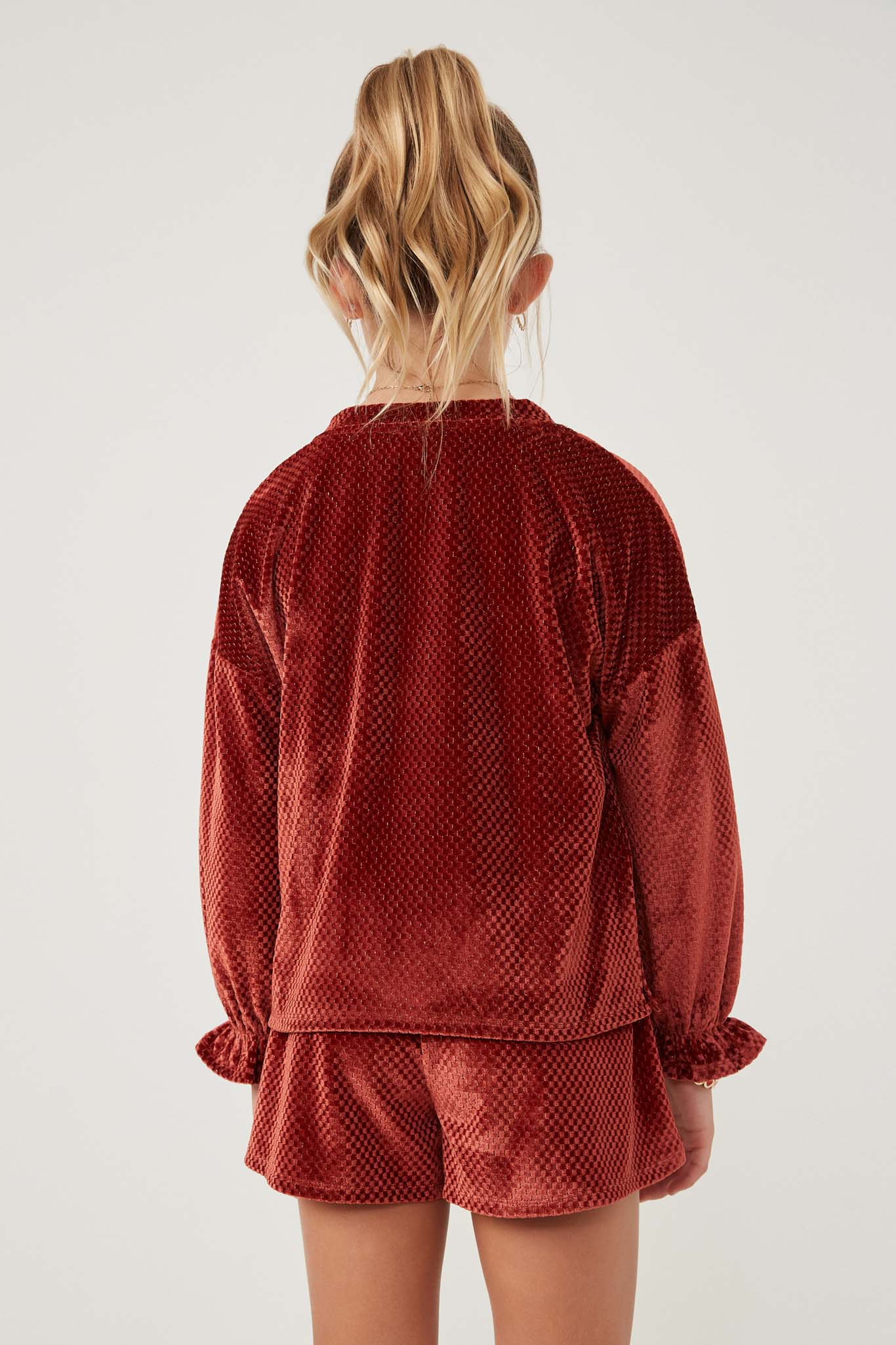 GY6376 RUST Girls Textured Velvet Cinch Sleeve Top Back