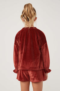 GY6376 RUST Girls Textured Velvet Cinch Sleeve Top Back