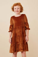 GY6378 CAMEL Girls Floral Printed Ribbed Velvet Dress Front