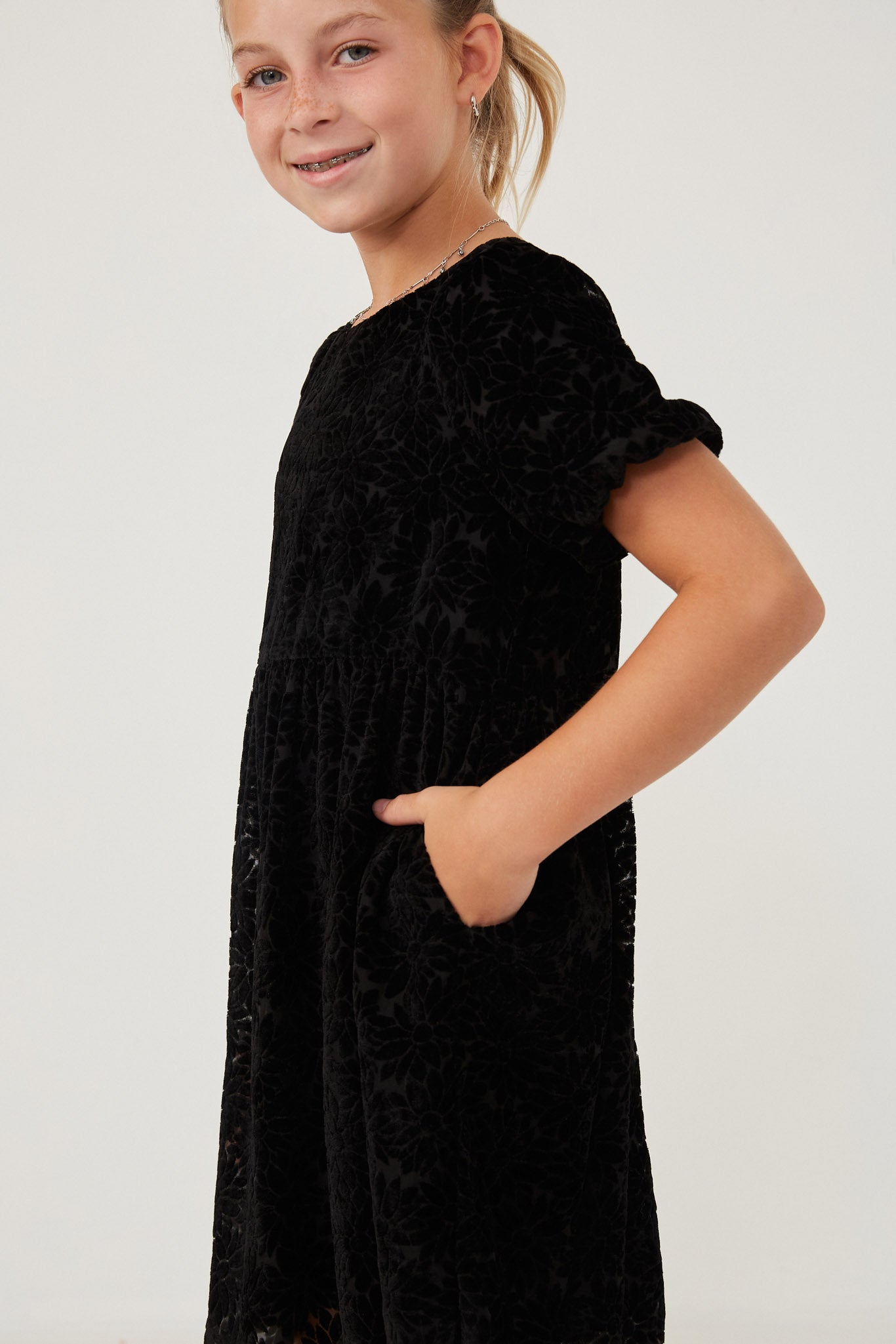 GY6381 BLACK Girls Floral Burnout Dress Side