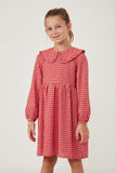 GY6387 RED Girls Ruffle Collared Long Sleeve Dress Front