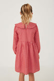 GY6387 RED Girls Ruffle Collared Long Sleeve Dress Back