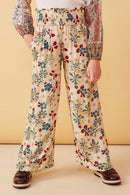 GY6398 Stone Girls Floral Print Smocked Elastic Waist Wide Leg Pants Front