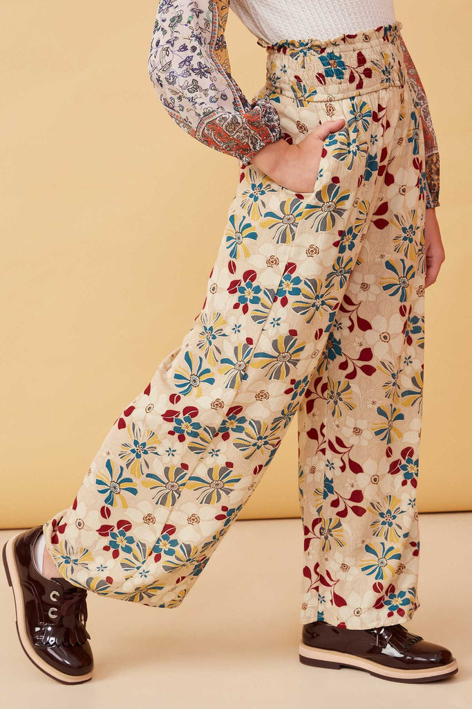 Floerns Girl's Floral Pattern Kids Jeans Elastic Waist Wide Leg Denim