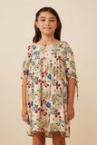 GY6399 Stone Girls Floral Print Square Neck Tie Sleeve Dress Front