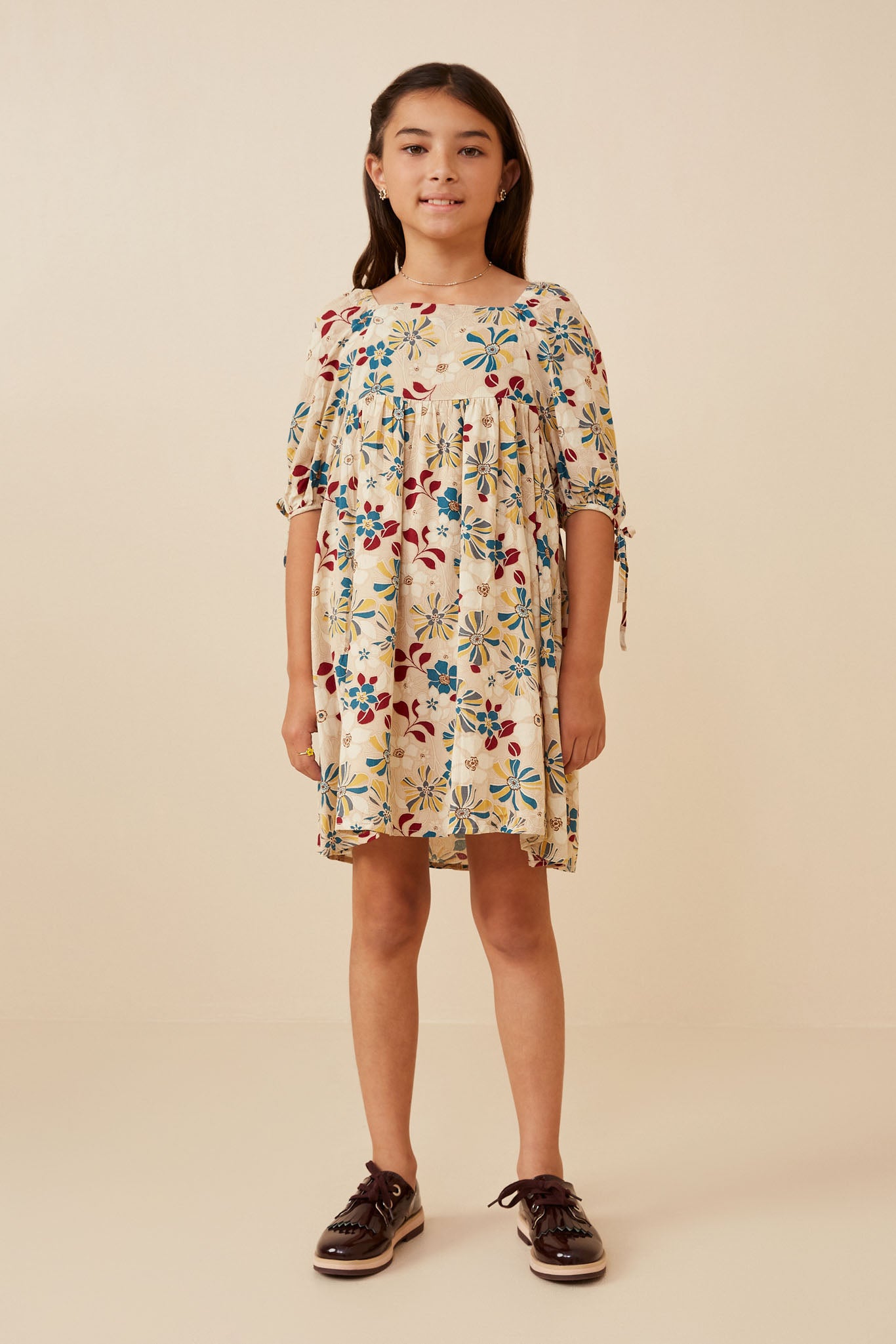 Floral Print Square Neck Tie Sleeve Dress