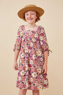 GY6399 Violet Girls Floral Print Square Neck Tie Sleeve Dress Front