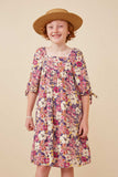 GY6399 Violet Girls Floral Print Square Neck Tie Sleeve Dress Front