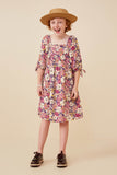 GY6399 Violet Girls Floral Print Square Neck Tie Sleeve Dress Full Body