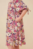 GY6399 Violet Girls Floral Print Square Neck Tie Sleeve Dress Side