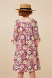 GY6399 Violet Girls Floral Print Square Neck Tie Sleeve Dress Back