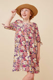 GY6399 Violet Girls Floral Print Square Neck Tie Sleeve Dress Pose