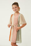 GY6403 BLUSH MIX Girls Textured Color Blocked Belted Dress Front