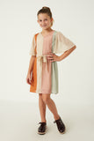 GY6403 BLUSH MIX Girls Textured Color Blocked Belted Dress Full Body