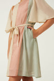 GY6403 BLUSH MIX Girls Textured Color Blocked Belted Dress Detail