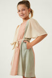 GY6403 BLUSH MIX Girls Textured Color Blocked Belted Dress Side