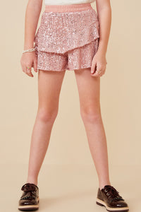 GY6406 PINK Girls Sequin Ruffle Shorts Front