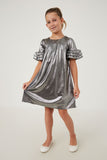 GY6412 SILVER Girls Textured Iridescent Layered Ruffle Sleeve Dress Full Body