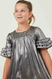 GY6412 SILVER Girls Textured Iridescent Layered Ruffle Sleeve Dress Front 2