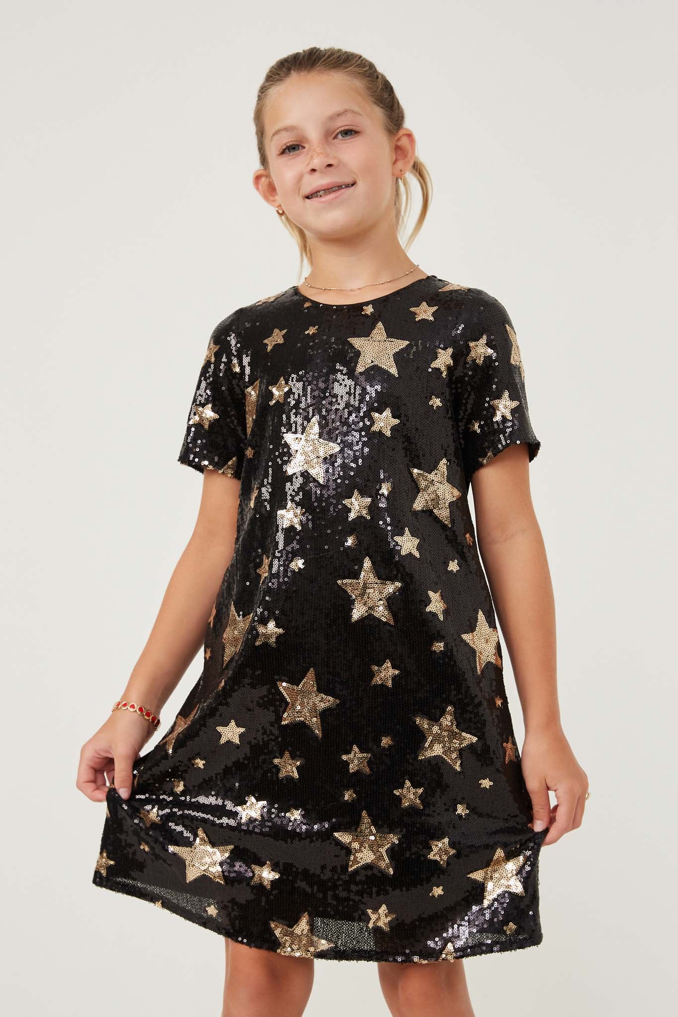 GY6421 Black Girls Sequined Star Pattern Shift Dress Front