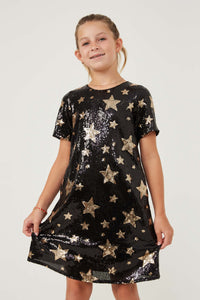 GY6421 Black Girls Sequined Star Pattern Shift Dress Front