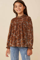 GY6423 CAMEL Girls Floral Velvet Cinched Cuff Long Sleeve Front