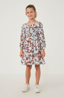 GY6427 BROWN Girls Botanical Print Square Neck Smocked Dress Full Body
