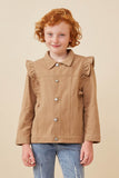 GY6429 KHAKI Girls Ruffled Shoulder Twill Jacket Front
