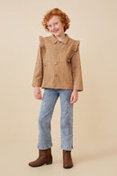 GY6429 KHAKI Girls Ruffled Shoulder Twill Jacket Full Body