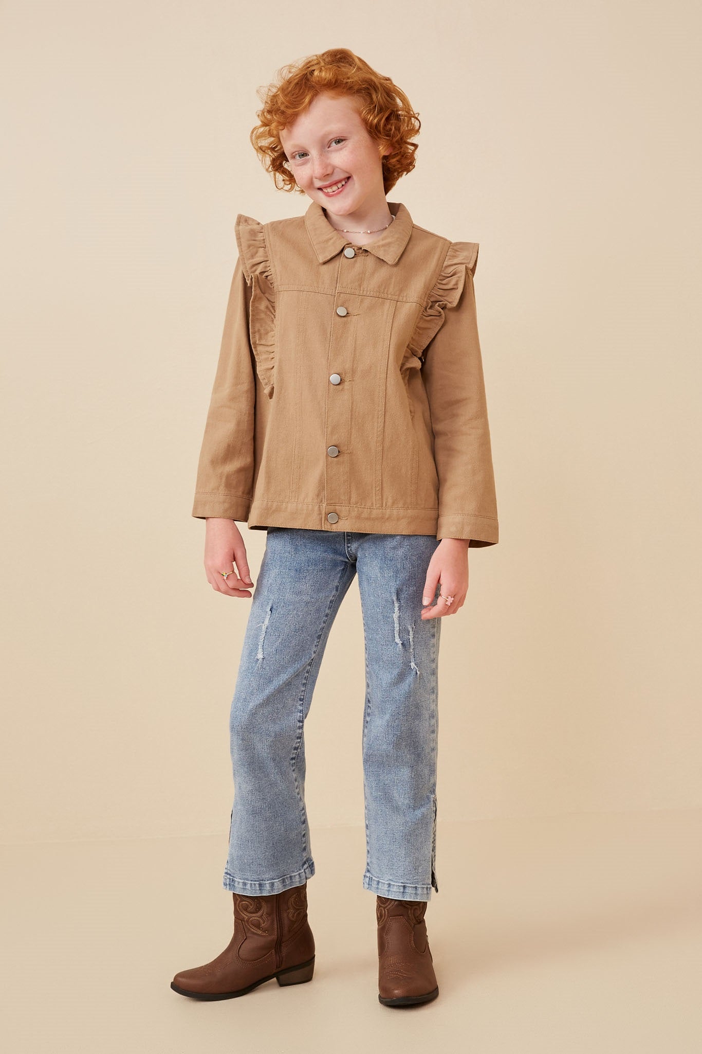 GY6429 KHAKI Girls Ruffled Shoulder Twill Jacket Full Body